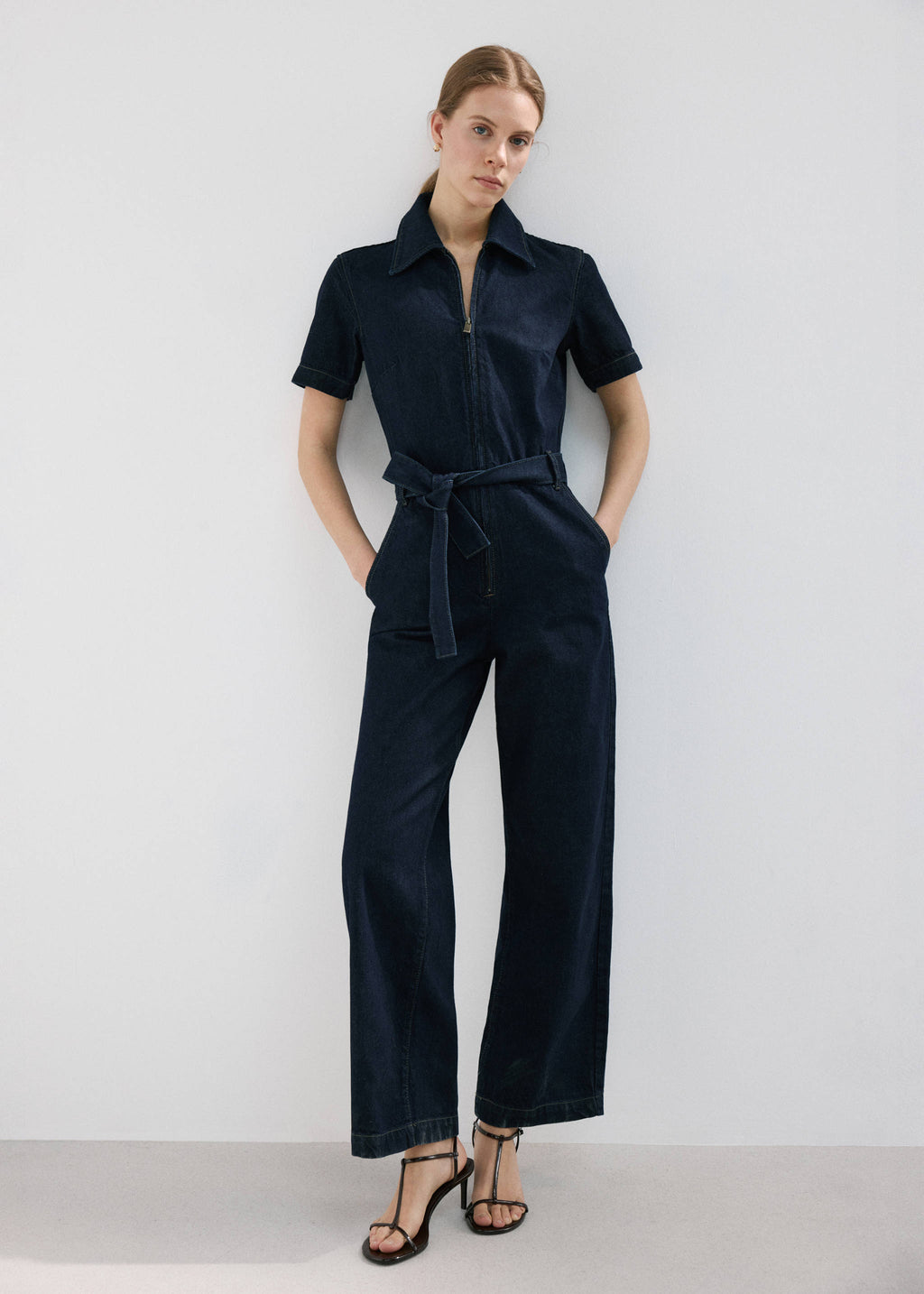 Belt denim jumpsuit