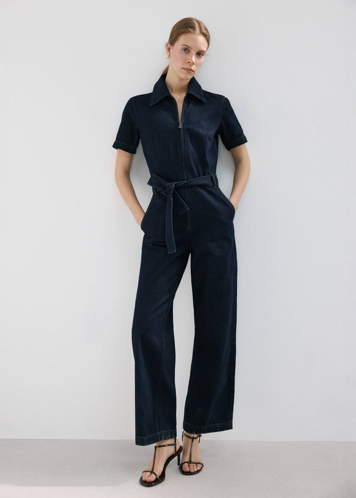 Belt denim jumpsuit