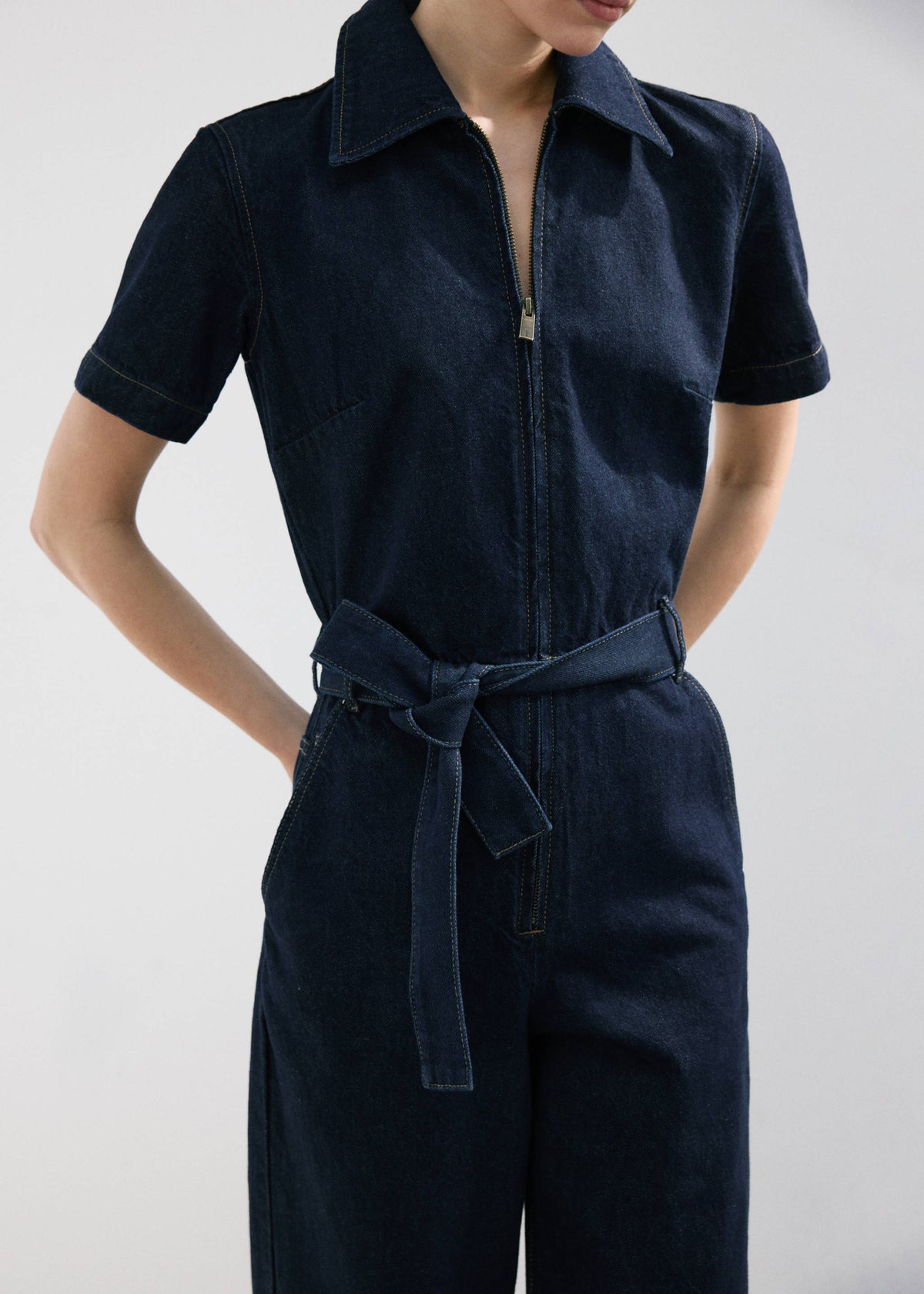 Belt denim jumpsuit