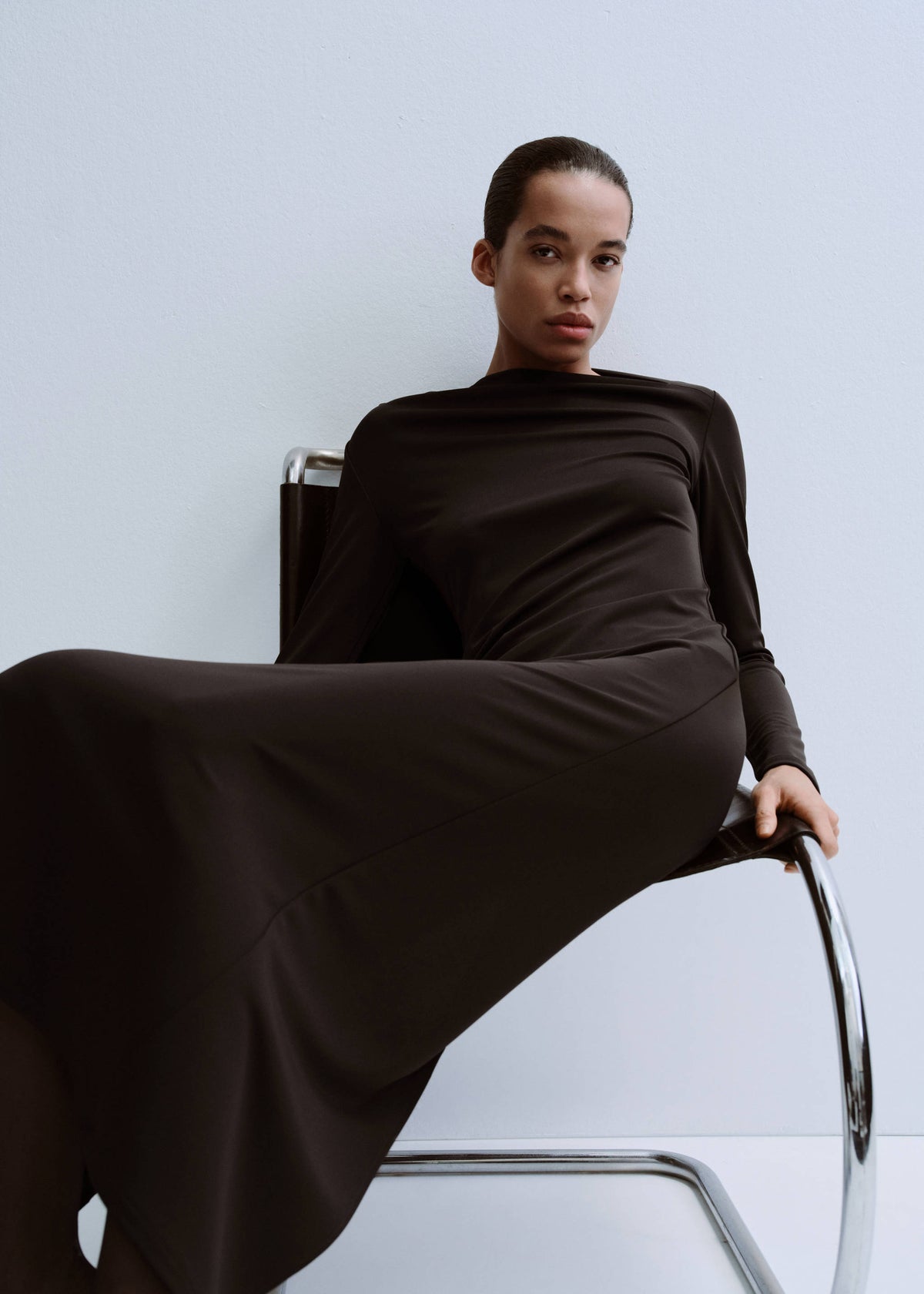 Boat-neck ruched dress