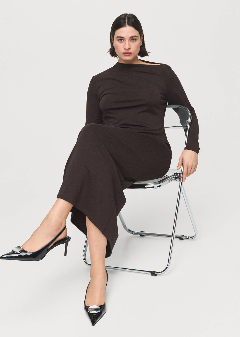 Boat-neck ruched dress