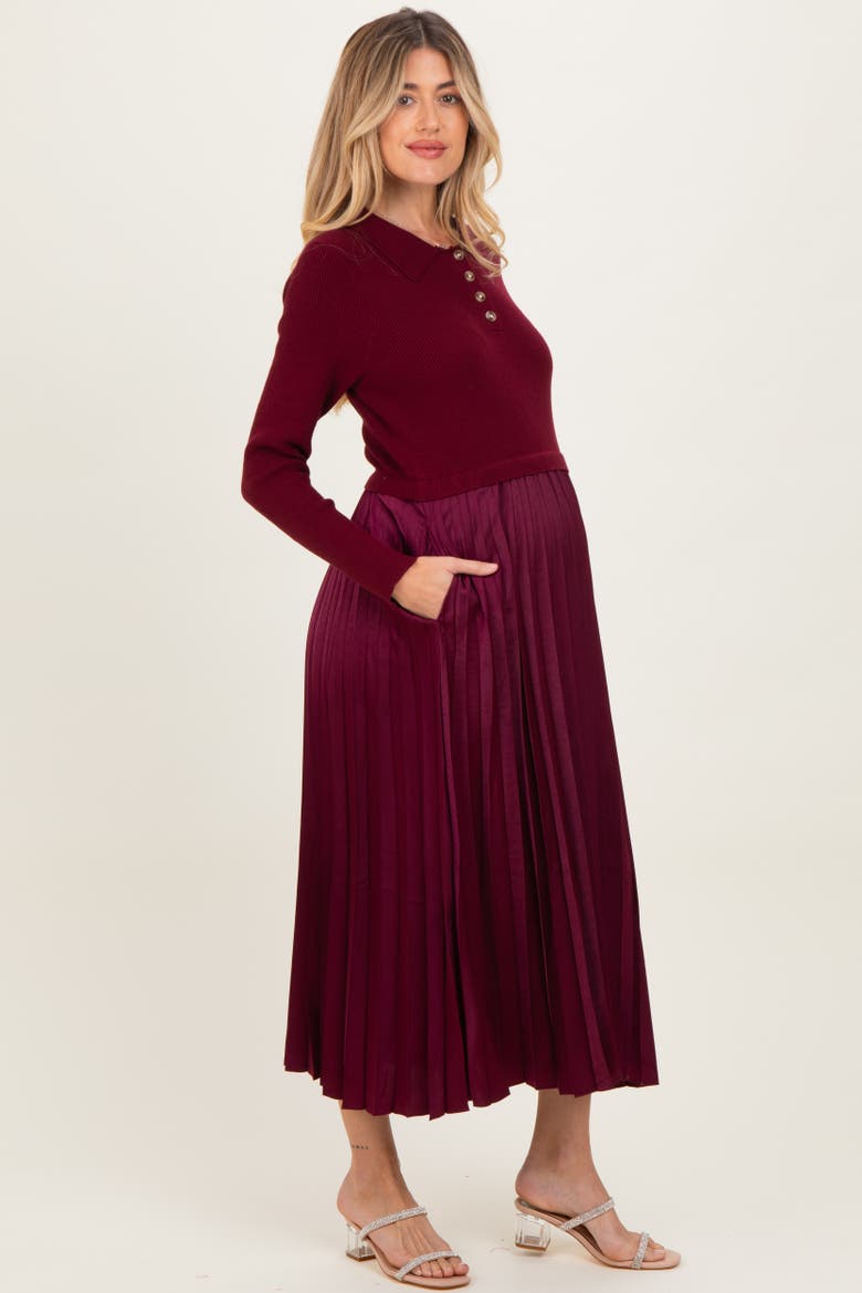 Collared Knit Contrast Pleated Skirt Midi Dress