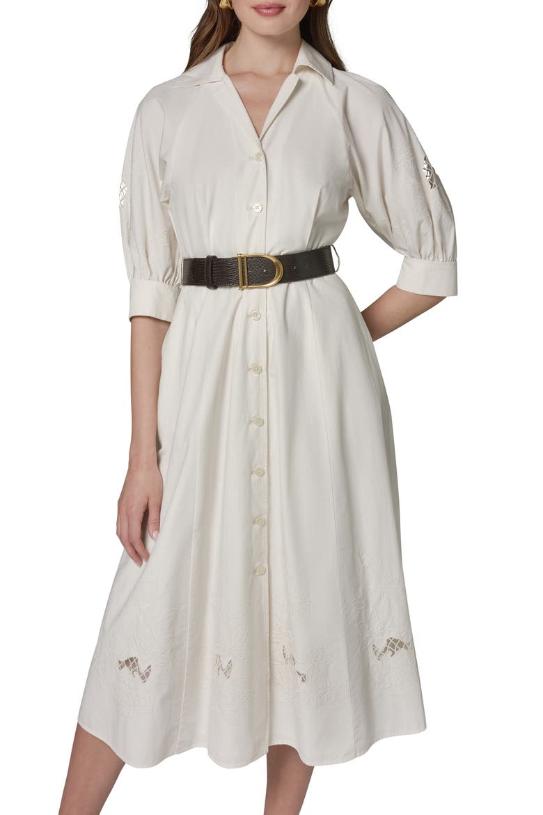 Embroidered Puff Sleeve Belted Cotton Shirtdress