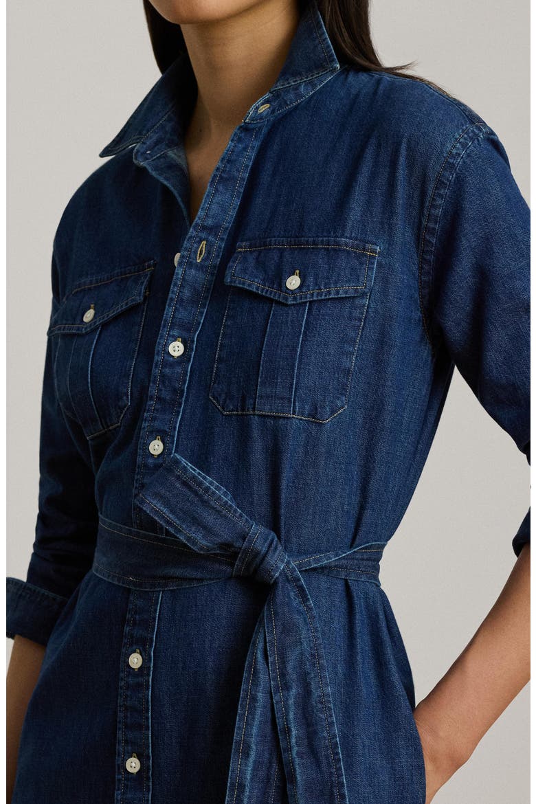 Long Sleeve Belted Cotton Denim Midi Shirtdress