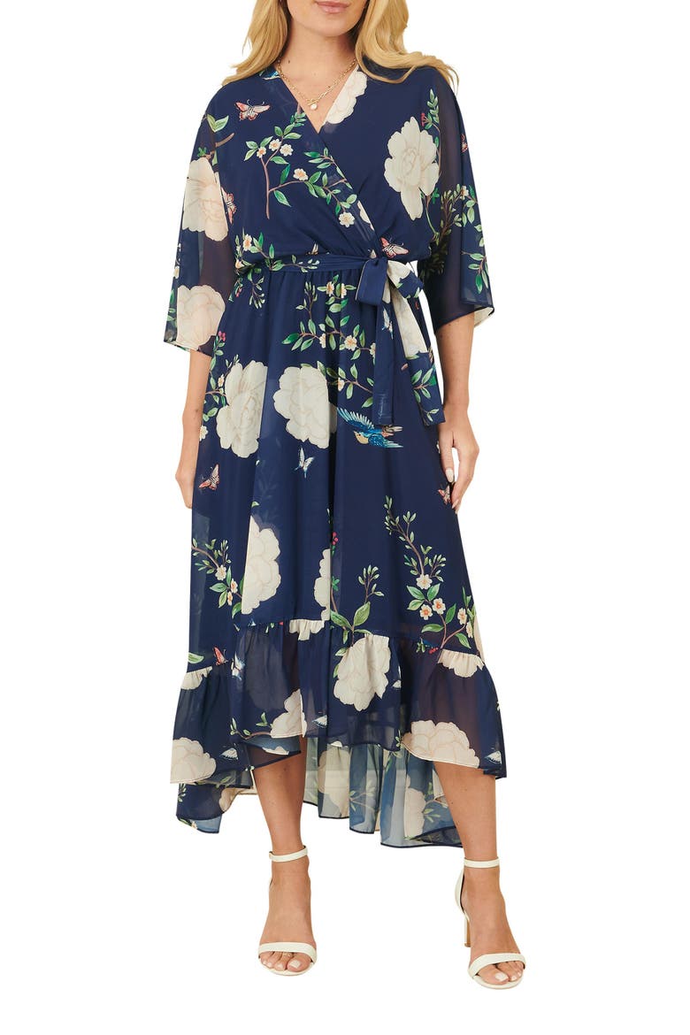 Bird And Floral Print Midi Wrap Dress