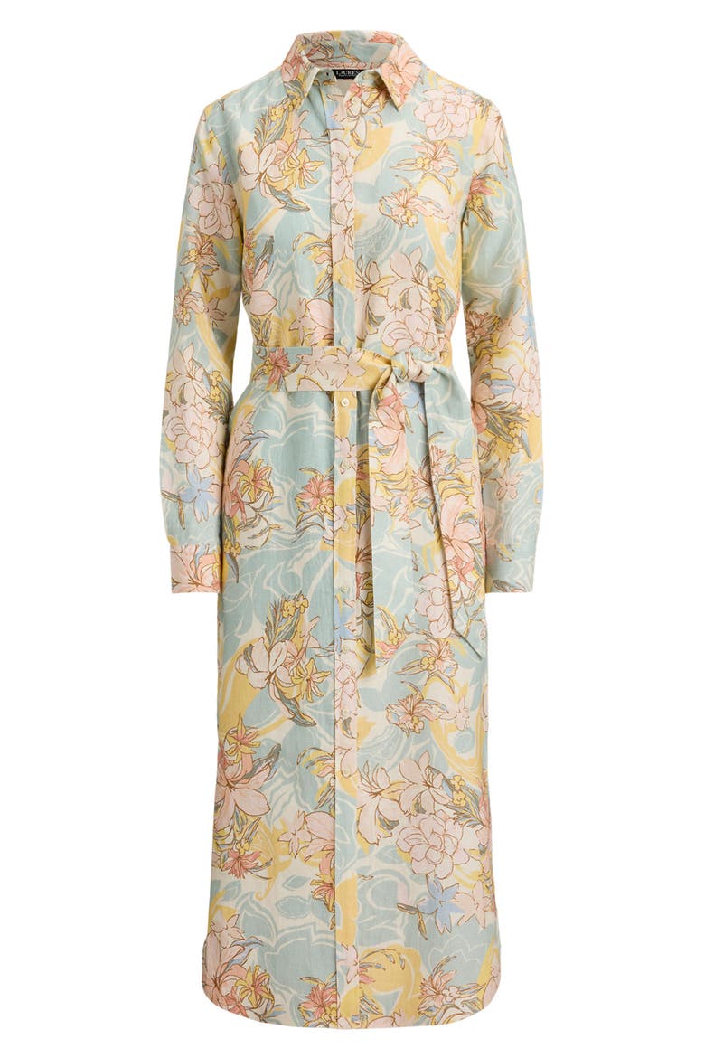 Floral Long Sleeve Linen Midi Shirtdress
