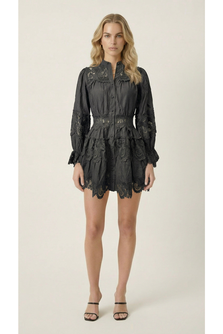 Lace Trim Button Front Mini Dress