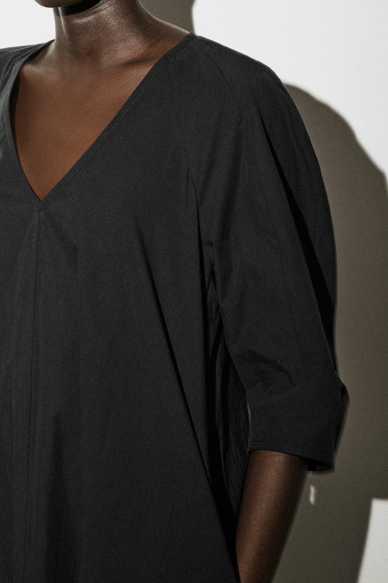 Rounded V-Neck Cotton Midi Dress