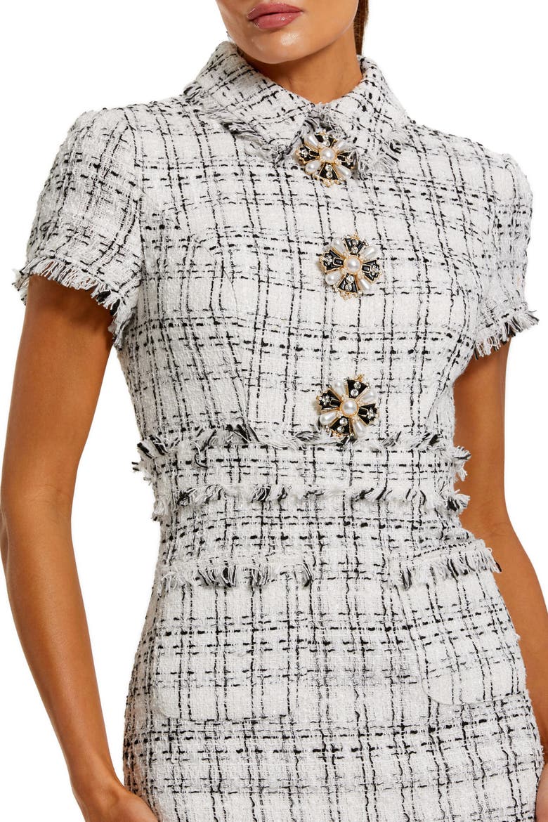 Fitted Bouclé Short Sleeve Button Up Midi Dress