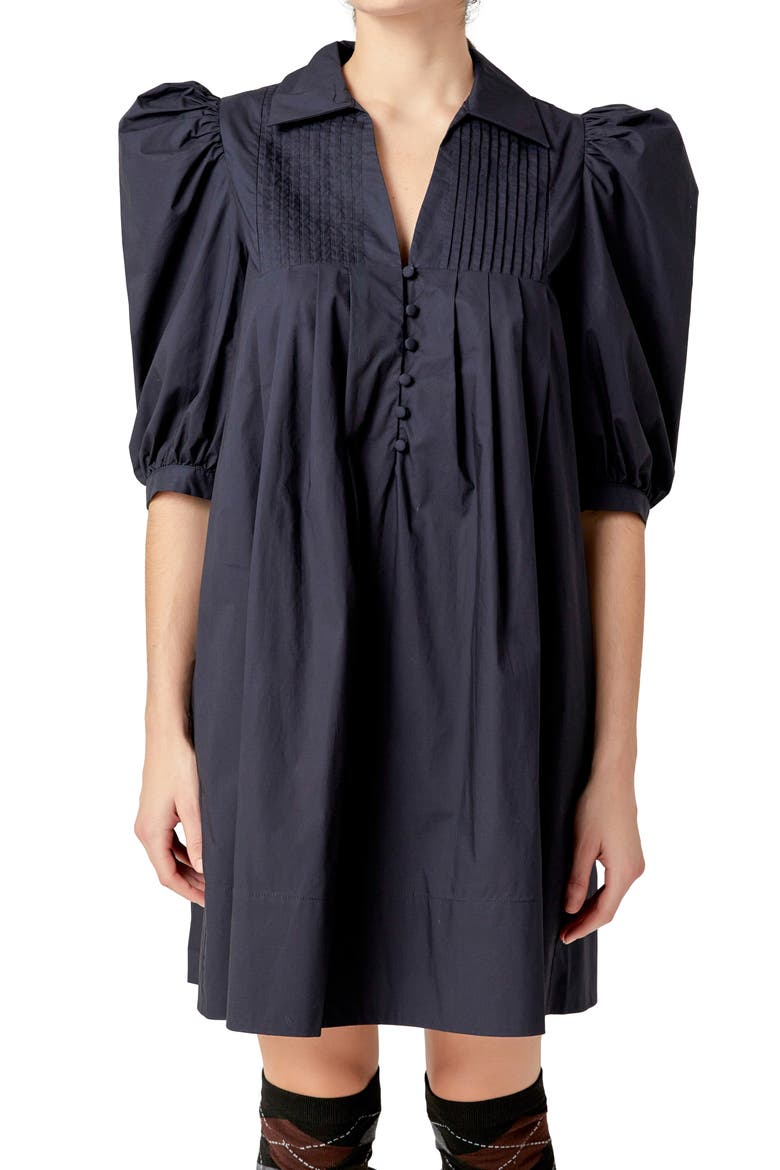 Pintuck Collar Puff Shoulder Minidress