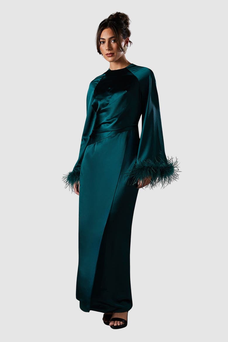 Long Sleeve Trim Satin Maxi Dress