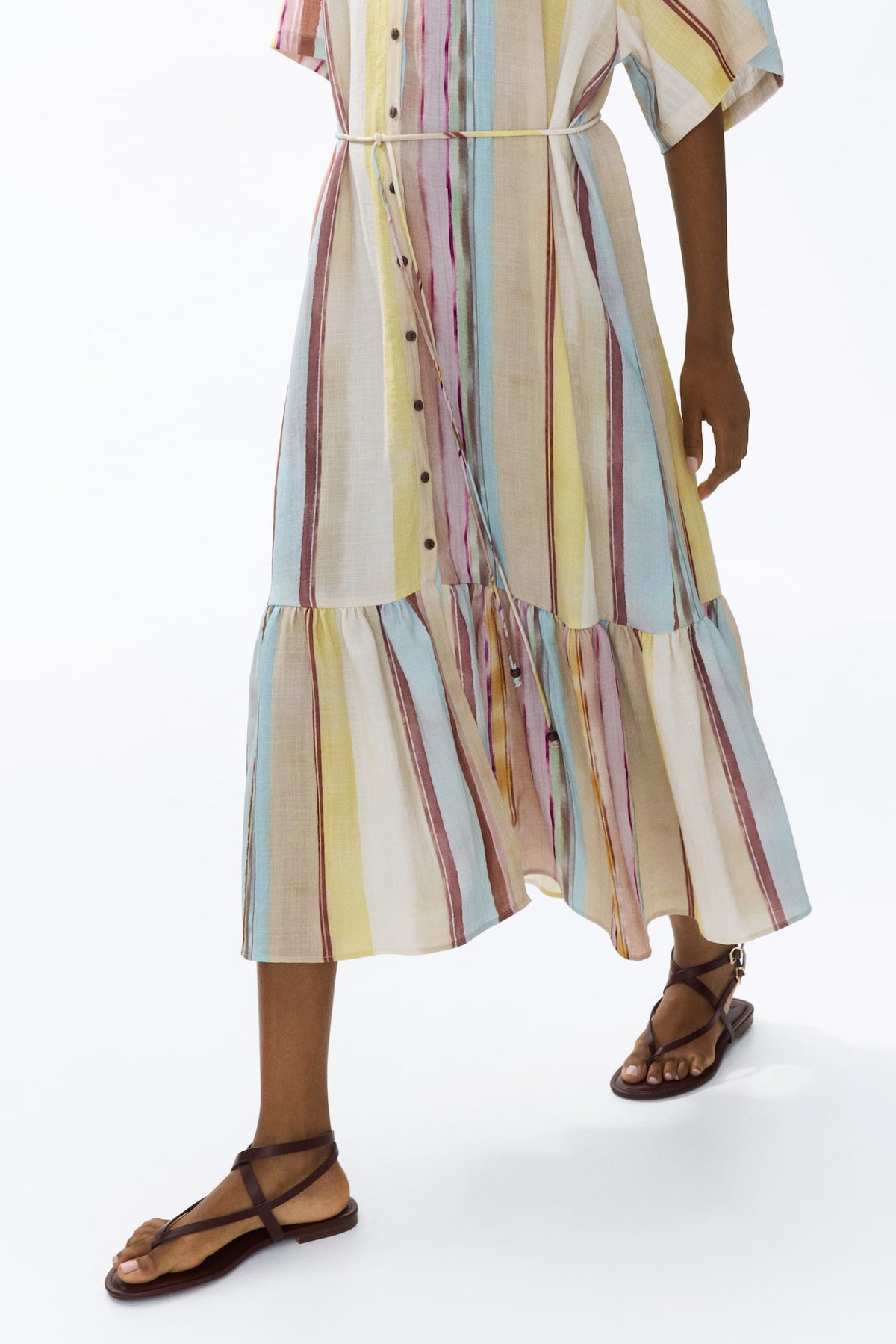 Short-Sleeved Tie-Belt Dress