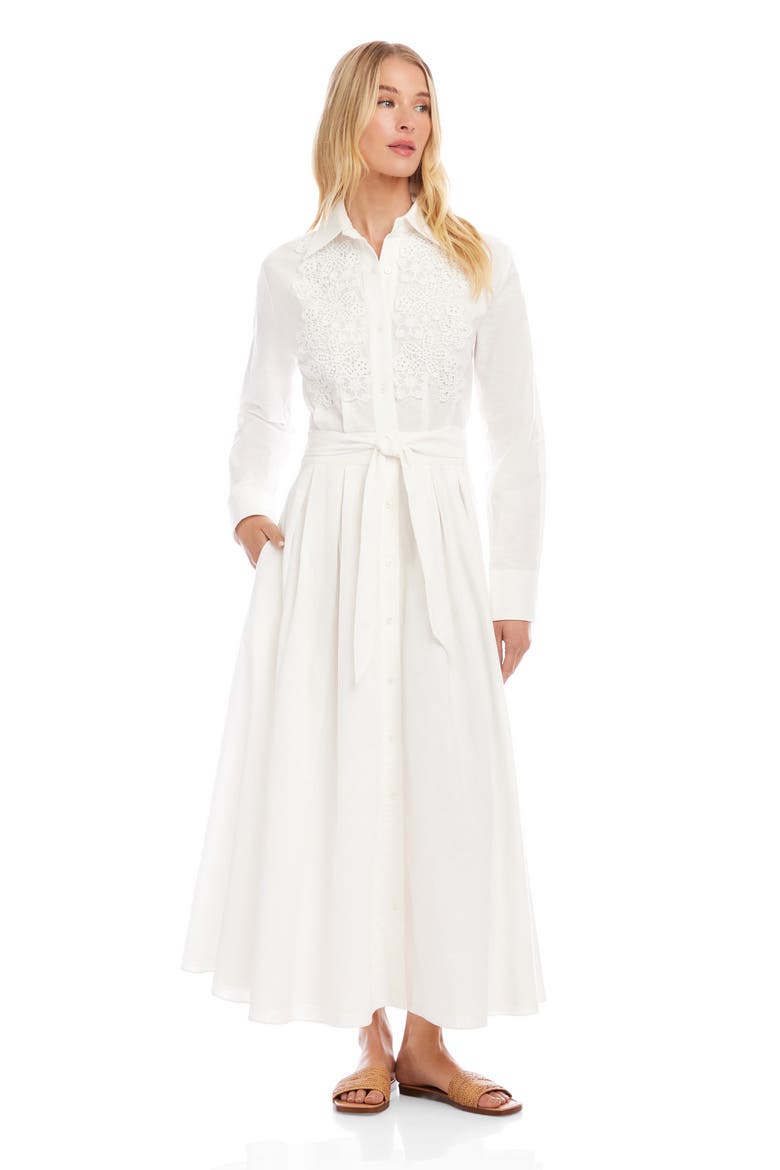Floral Appliqué Long Sleeve Cotton & Linen Shirtdress