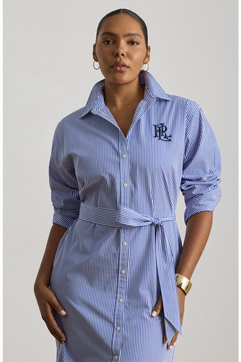 Amity Embroidered Logo Stripe Long Sleeve Cotton Midi Shirtdress