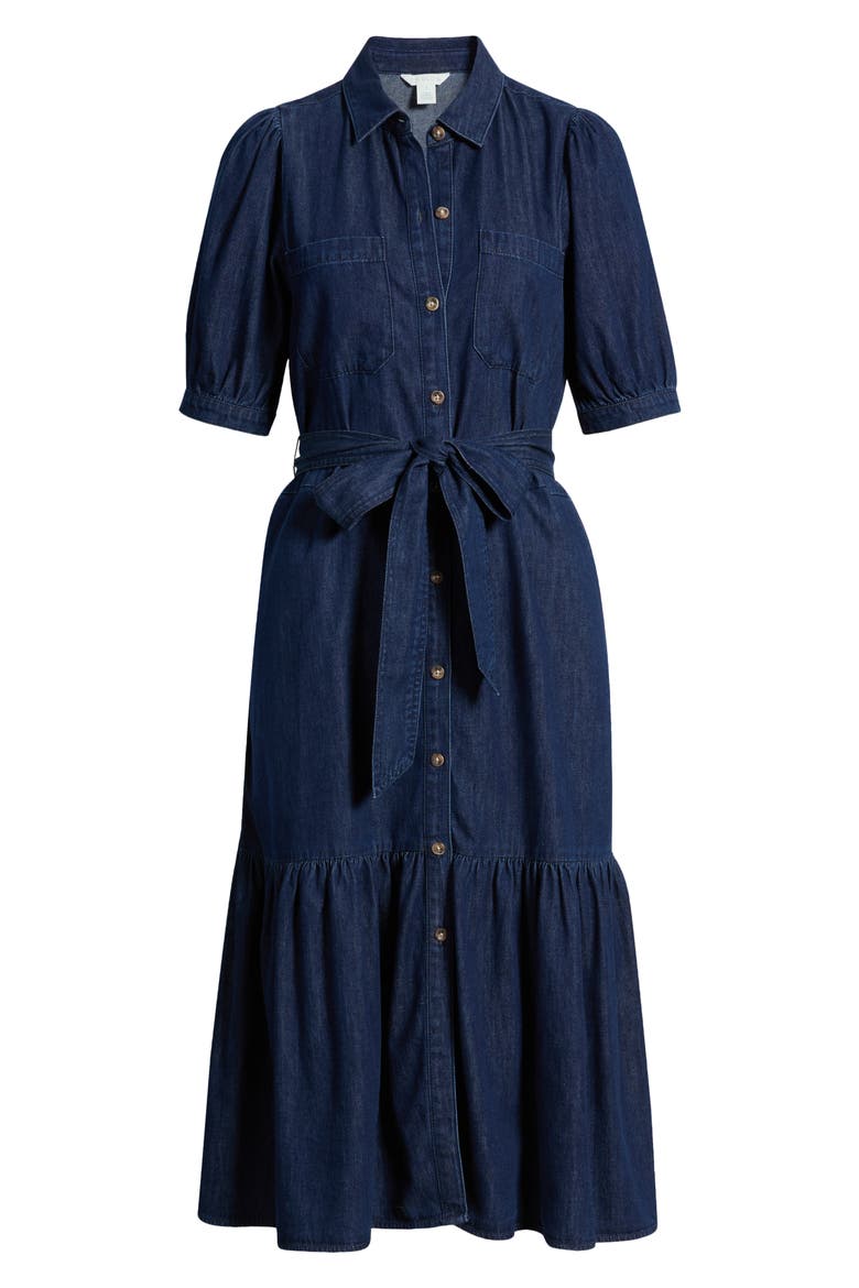 Belted Cotton Chambray Midi Dress