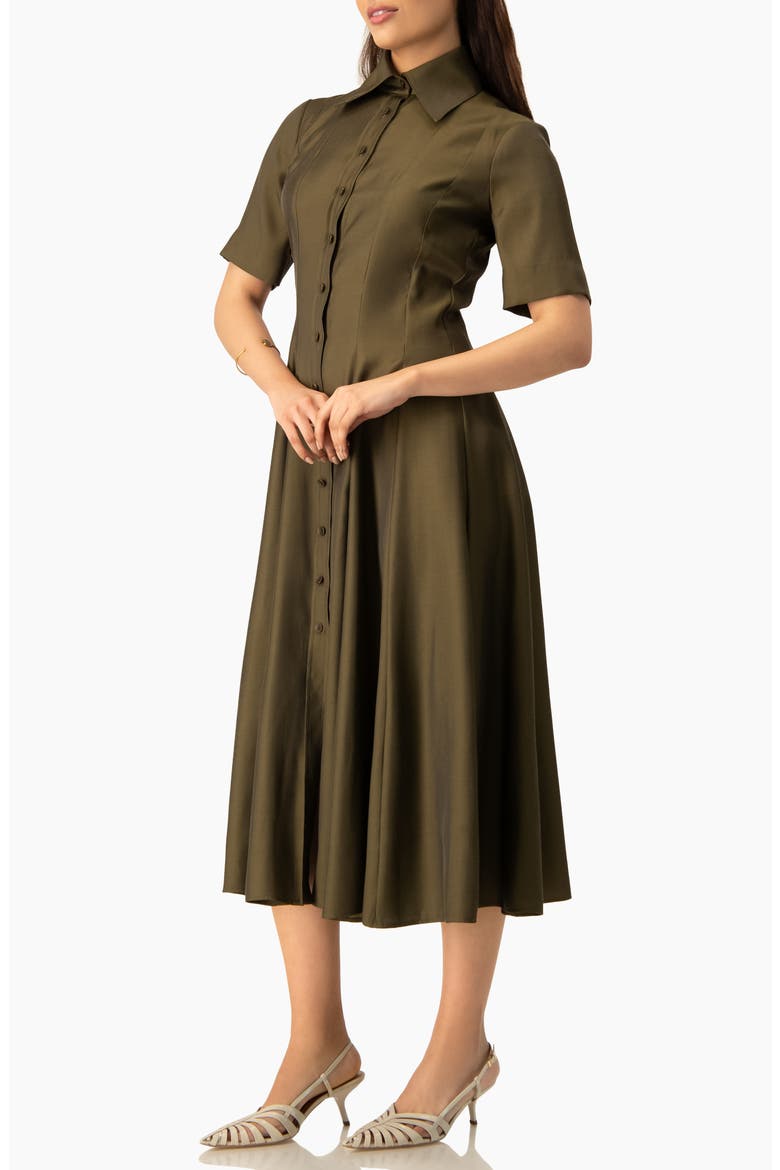 Short Sleeve Midi Dress with Button-Front Fit-and-Flare Shirtdres