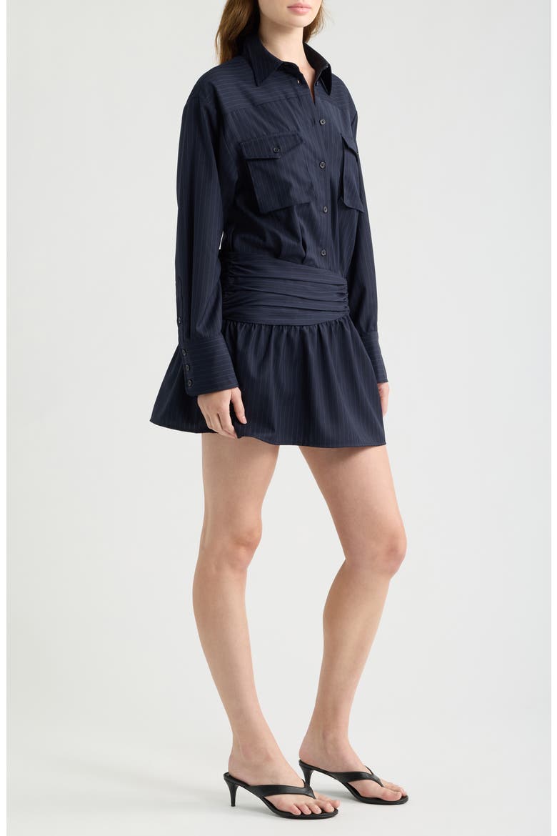 Pinstripe Long Sleeve Wool Blend Mini Shirtdress
