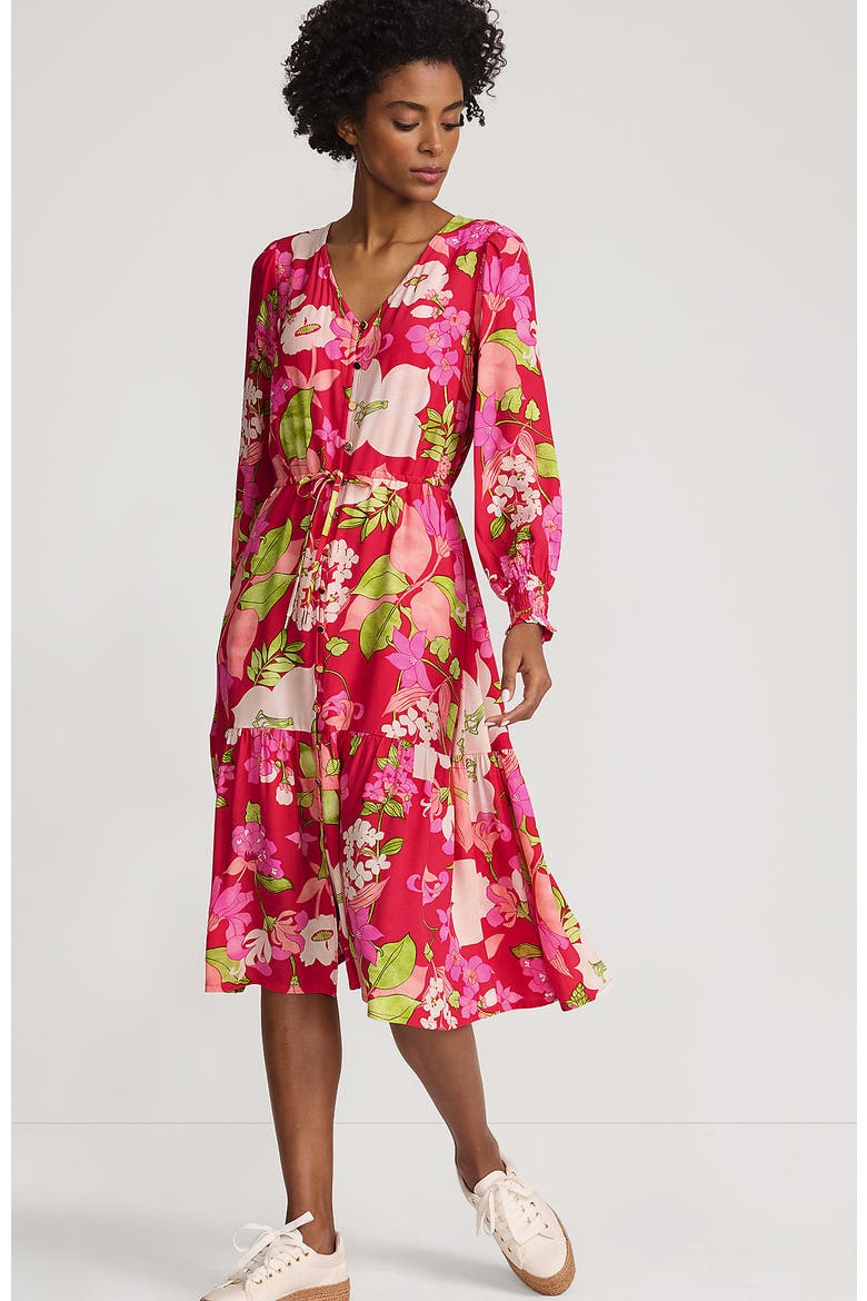 Crepe Button Front Long Sleeve Midi Dress