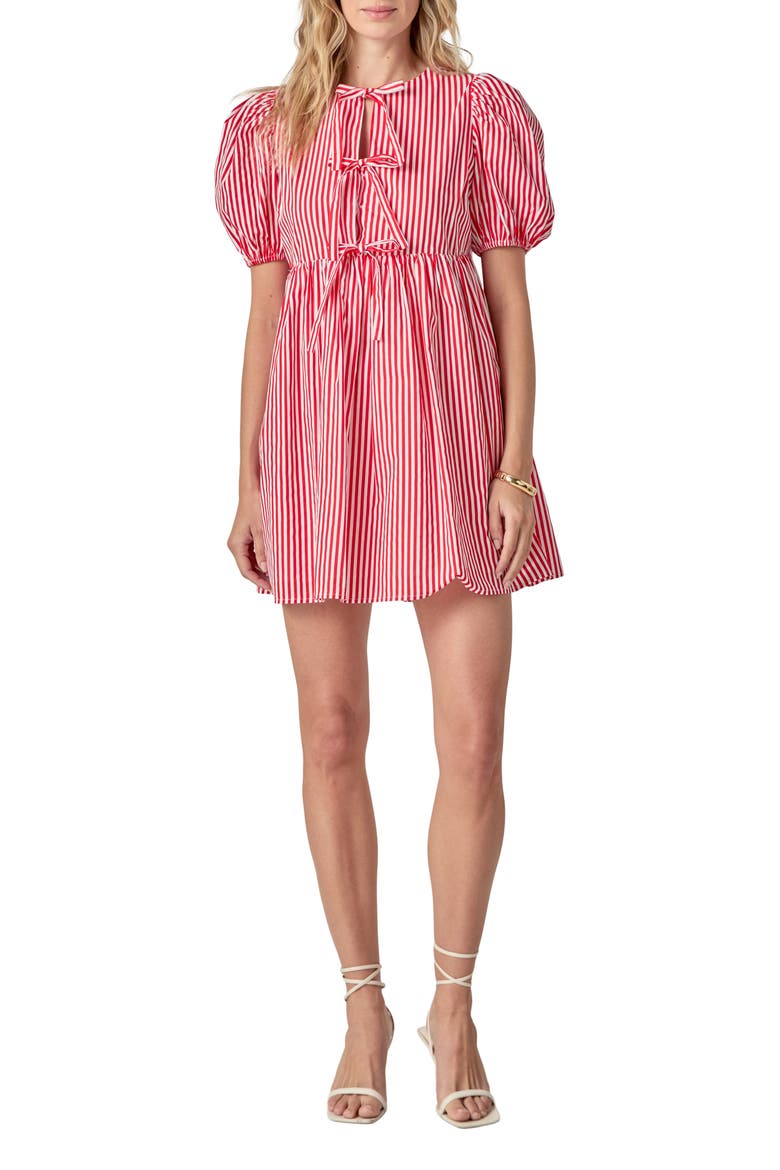 Stripe Tie Front Puff Sleeve Minidress