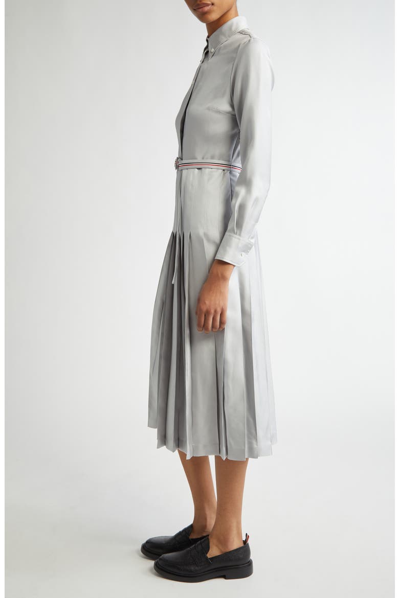 Long Sleeve Pleated Silk Midi Shirtdress