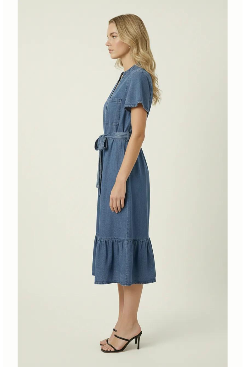 Belted Denim Ruffle Hem Dress