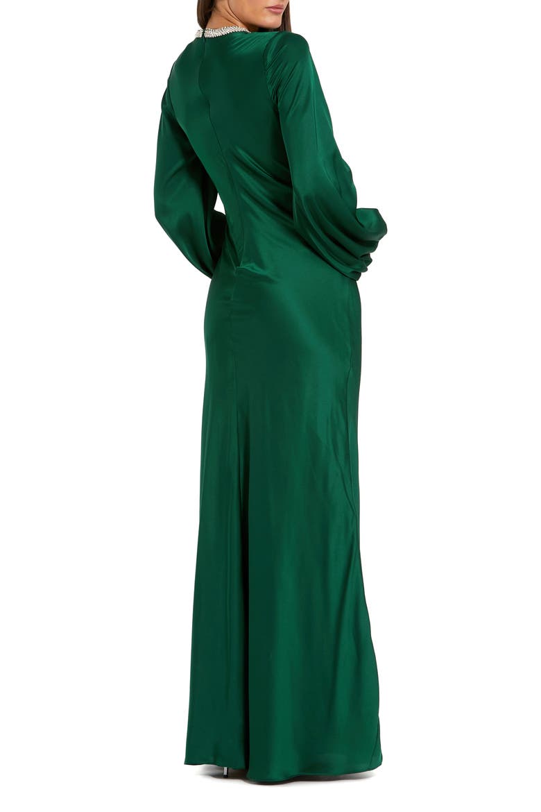 Beaded High Neck Bishop Sleeve Satin Gown