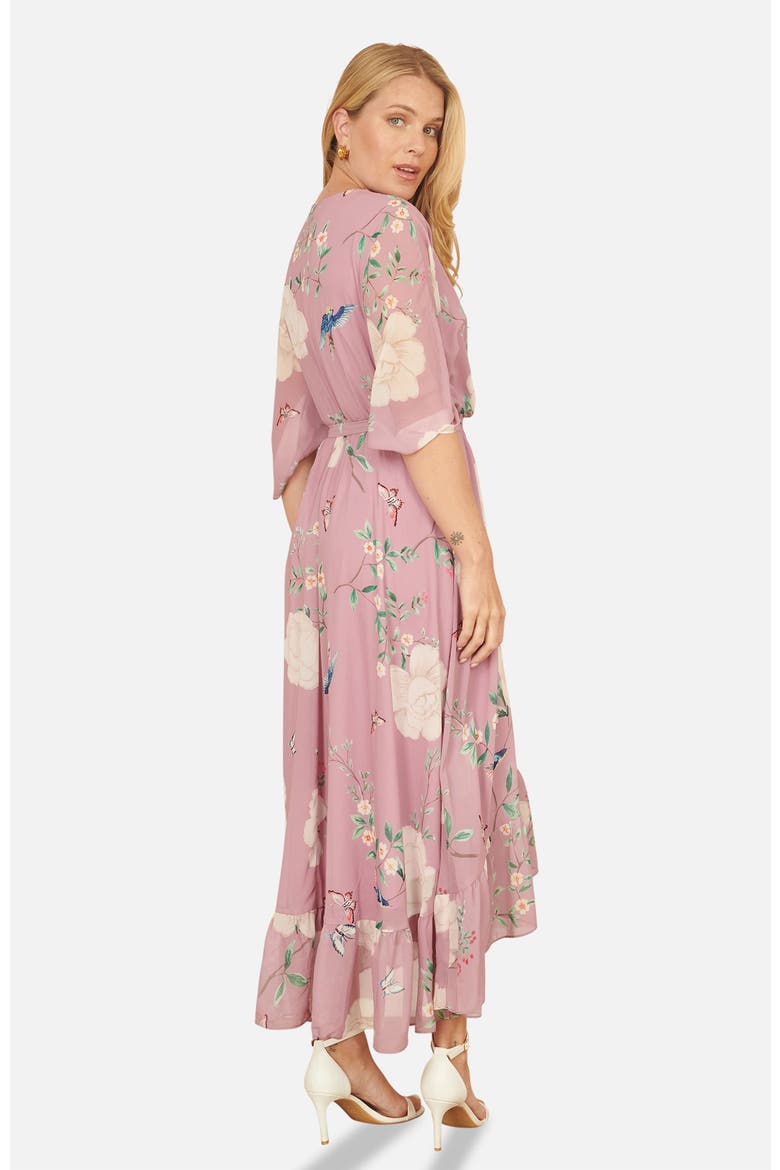 Bird And Floral Print Midi Wrap Dress
