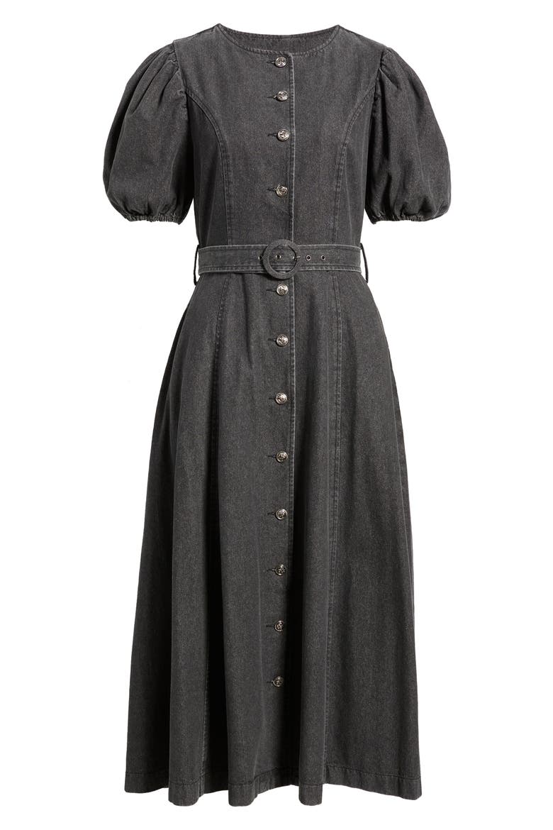 Puff Sleeve Belted Cotton Blend Denim Shirtdress