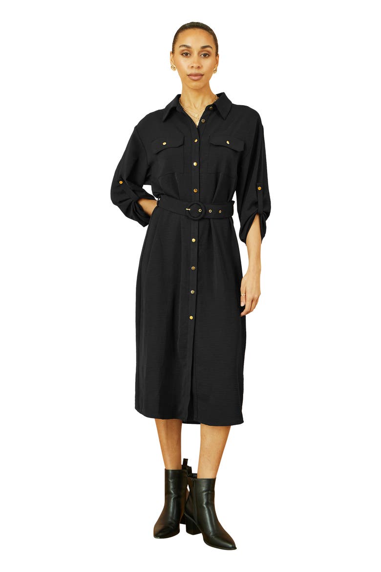 3/4 Sleeve Belted Midi Shirt Dress