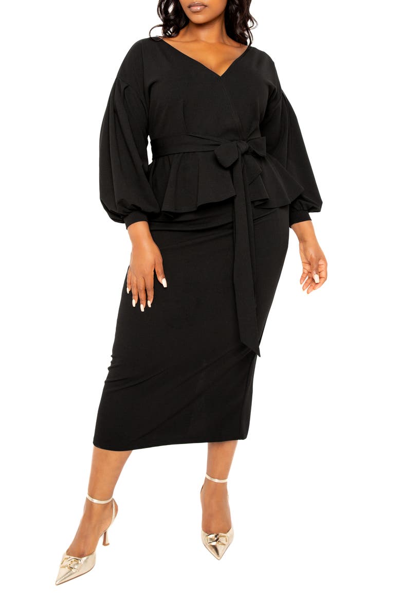 Convertible Shoulder Belted Peplum Midi Dress
