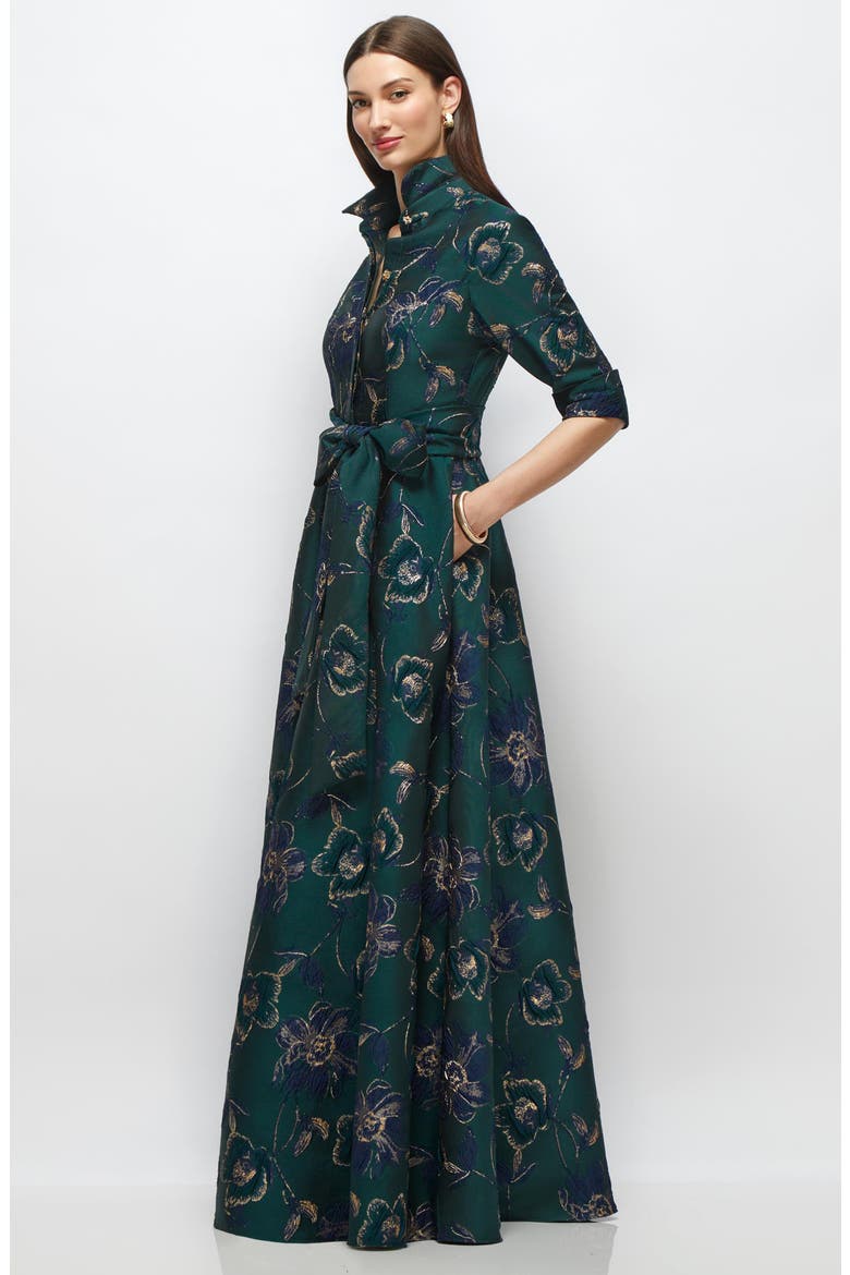Metallic Floral Jacquard Shirtdress Gown