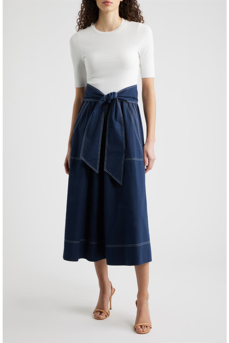 Mixed Media Tie Front Midi Dress