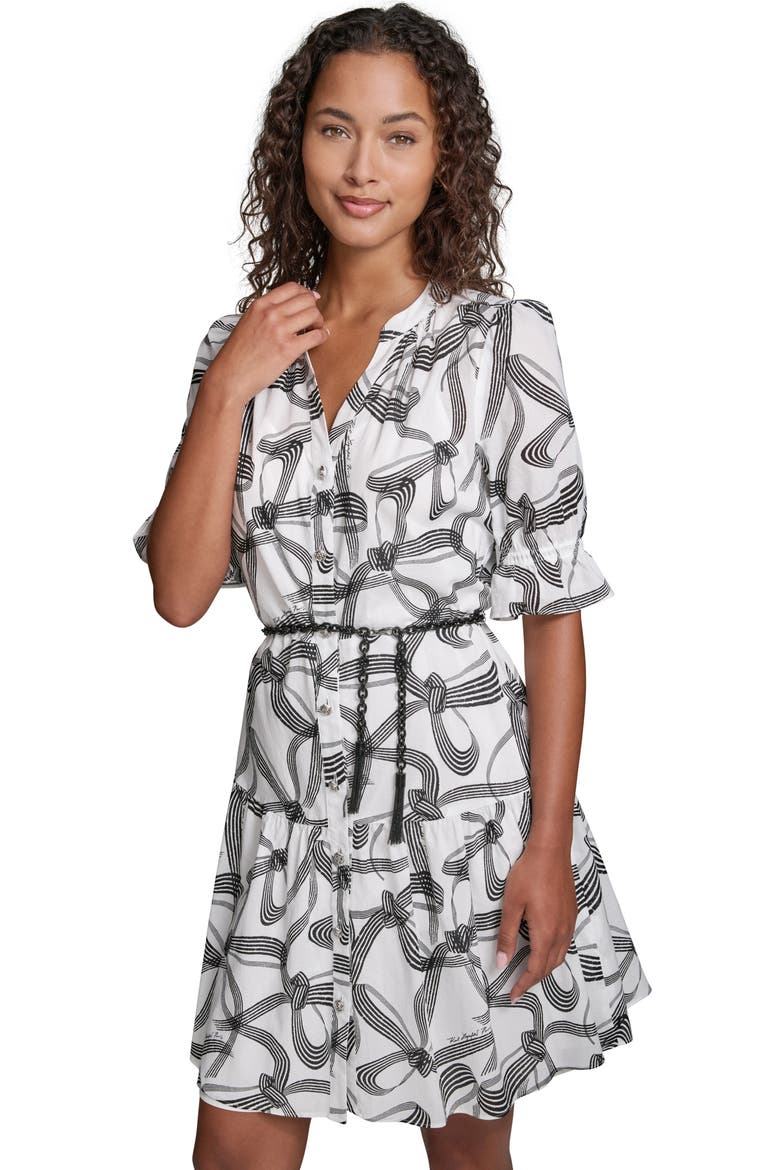 Ribbon Print Belted Cotton Shirtdress