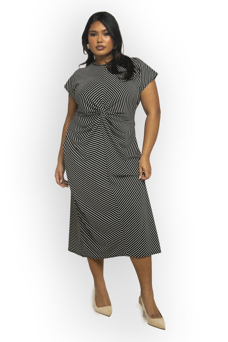 Cinched Striped Print Midi Dress