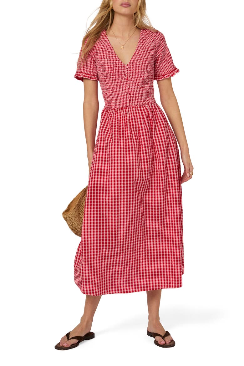 Eliza Gingham Smocked Bodice Organic Cotton Seersucker Midi Dress