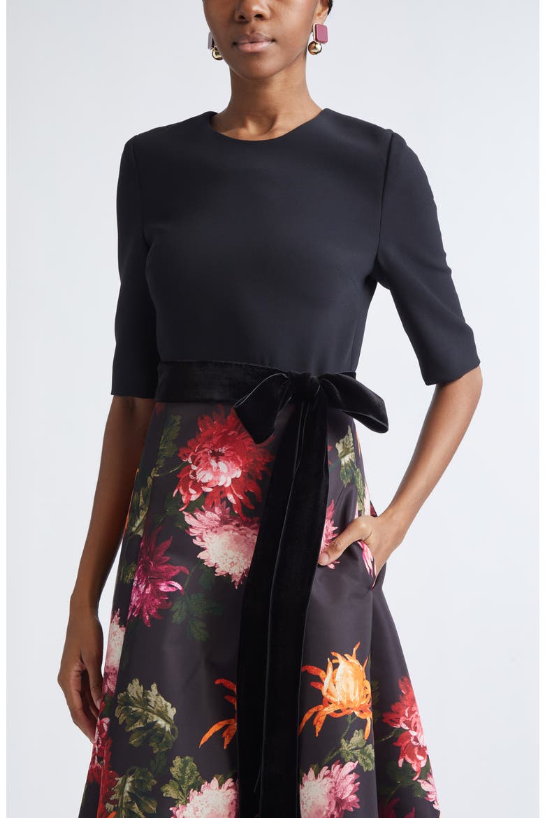 Chrysanthemum Print Crepe, Velvet & Faille Fit & Flare Midi Dress