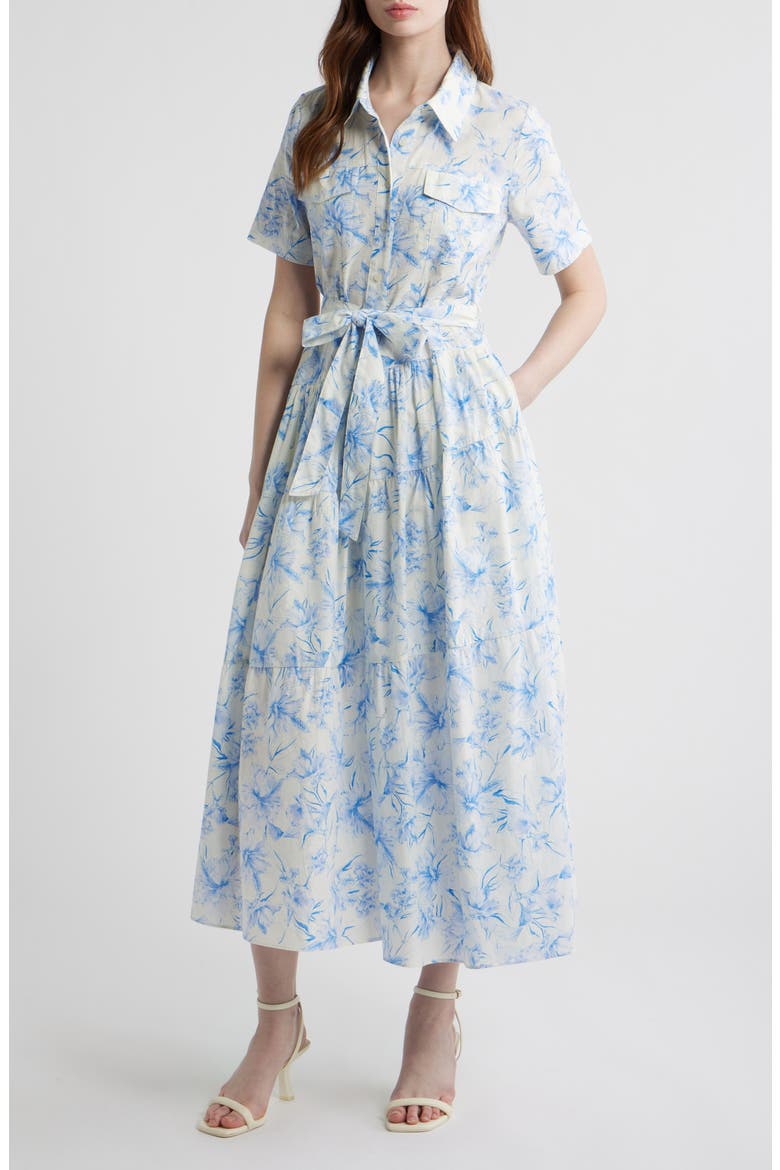 Printed Tie Belt Cotton Poplin Maxi Shirtdress