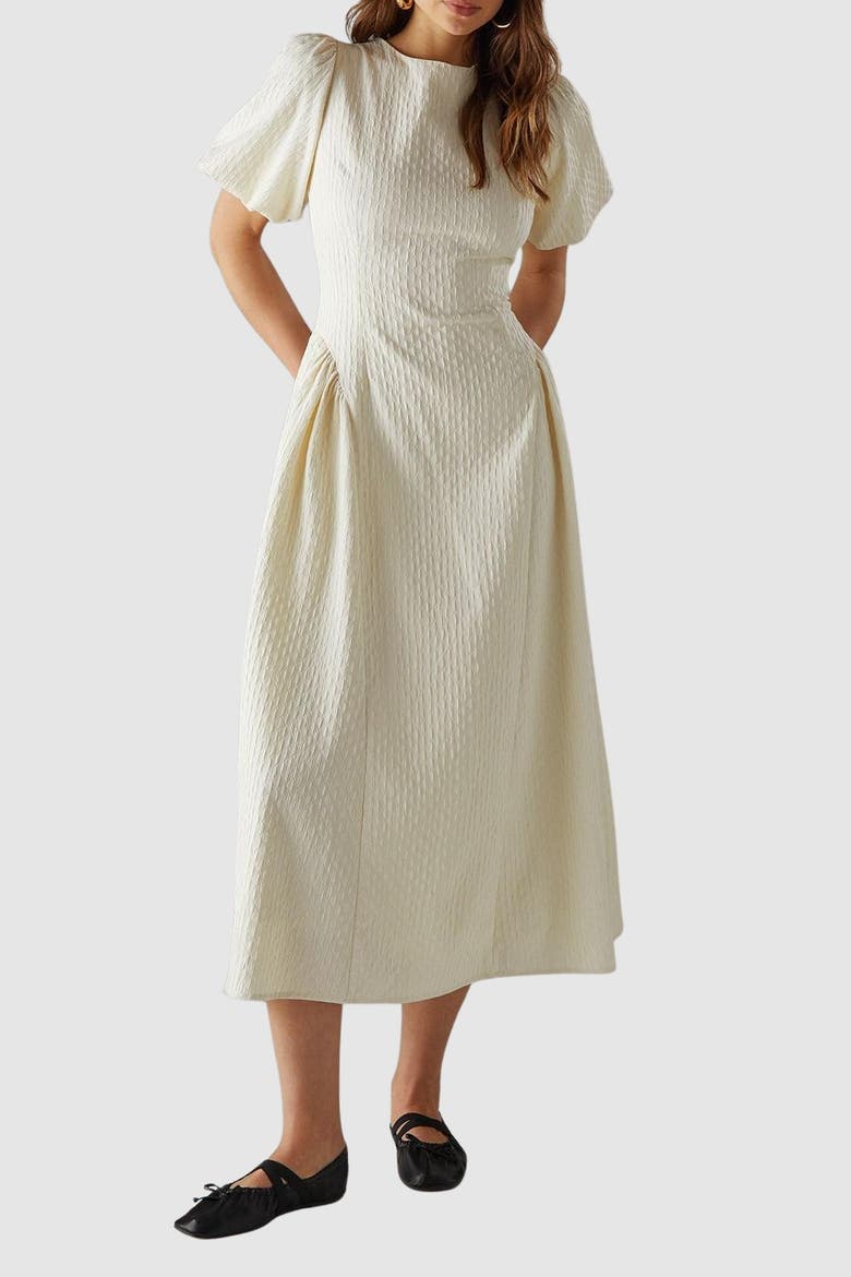 Seersucker Puff Sleeve Midi Dress