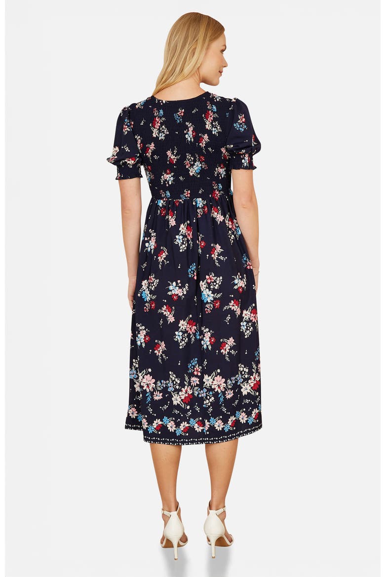Smocked Bodice Floral Ruched Midi Dress