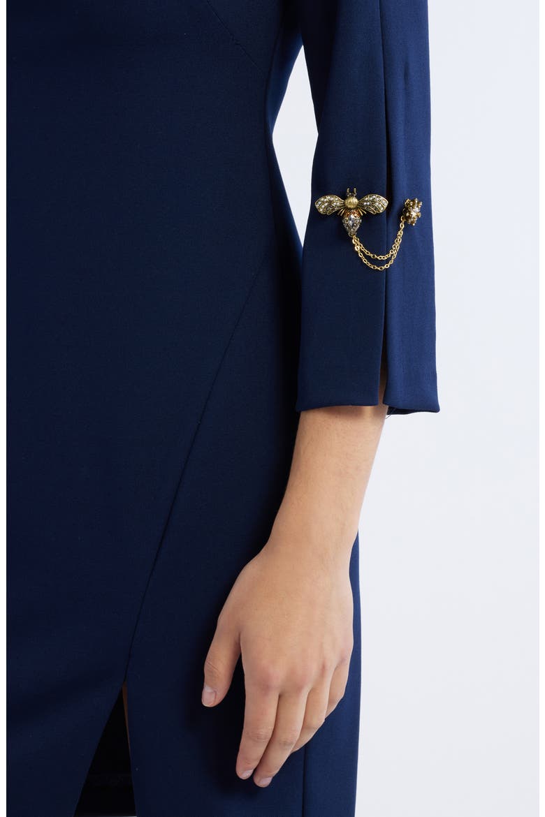 Brooch Detail Long Sleeve Crepe Shift Dress