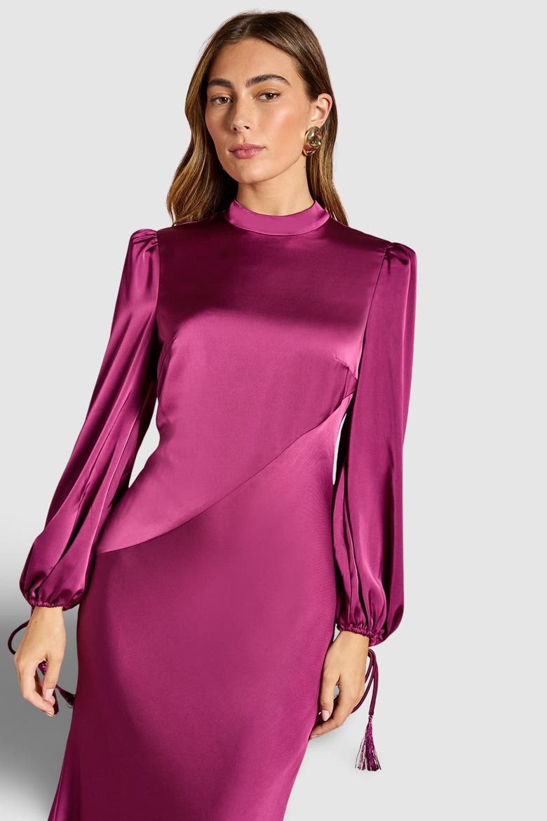 Blouson Sleeve Satin Midi Dress