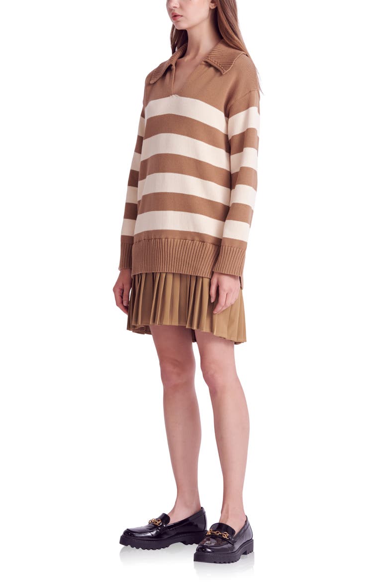 Mixed Media Long Sleeve Pleated Minidress