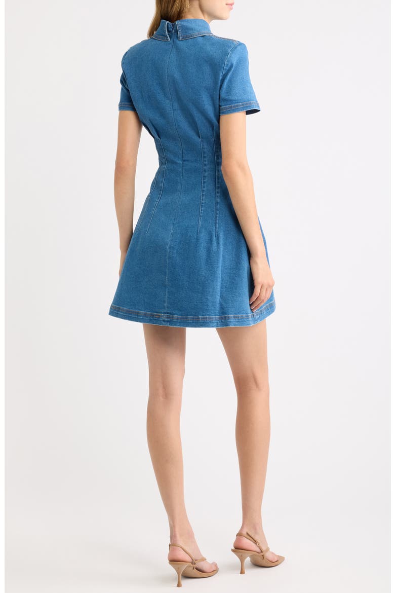 Pleated Seamed Cotton Blend Denim Fit & Flare Minidress