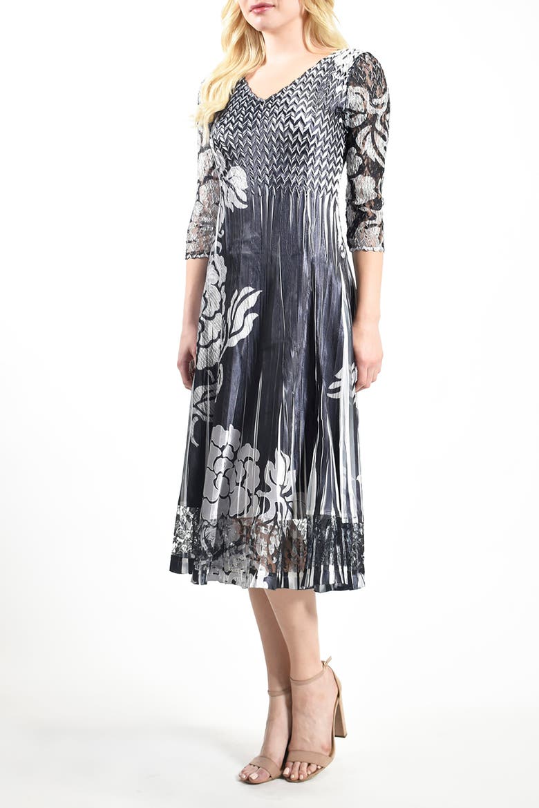 Silver Stencil Printed Charmeuse 3/4 Sleeve Dress
