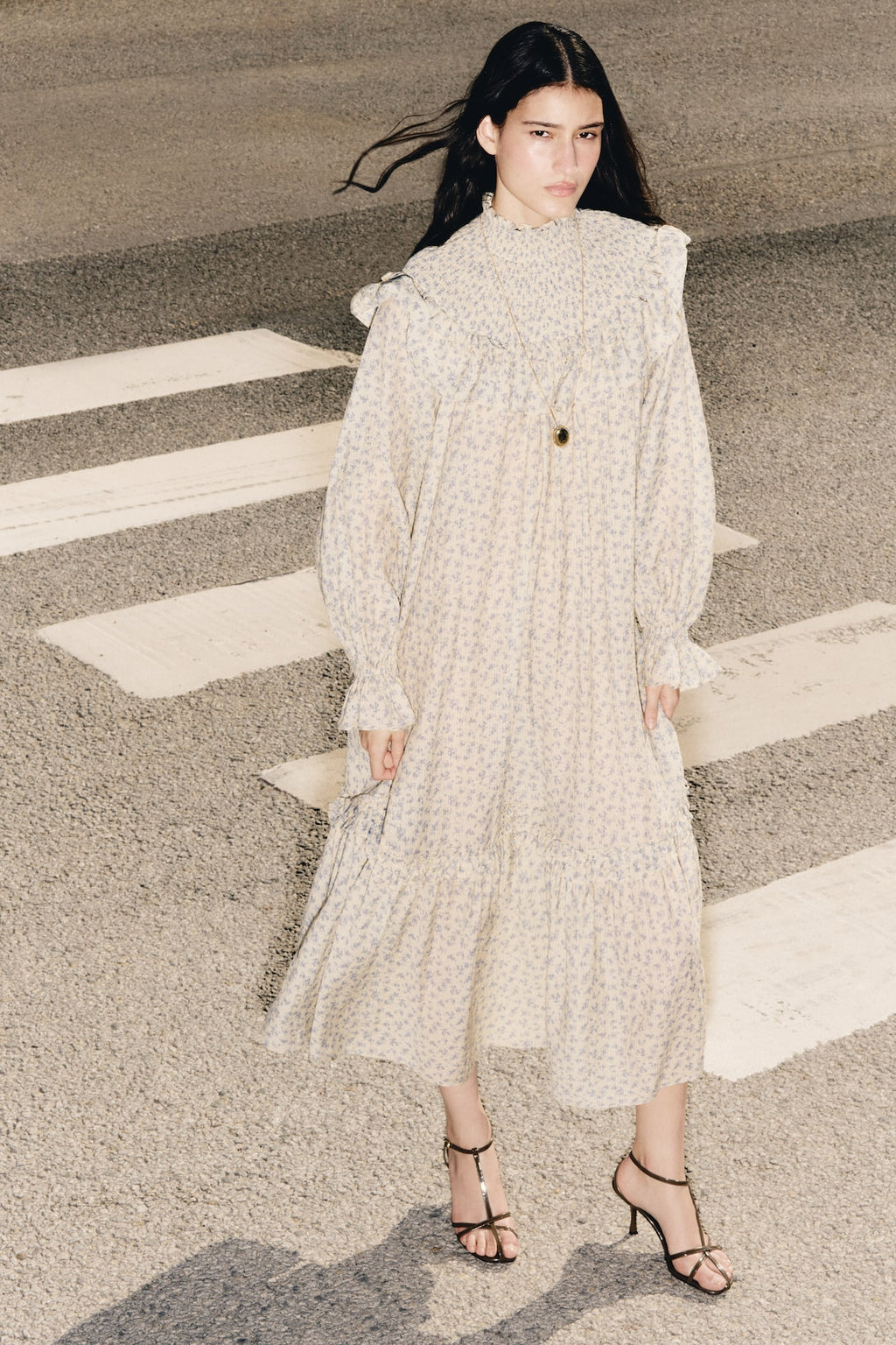 Ruffle-Trimmed Textured-Weave Dress