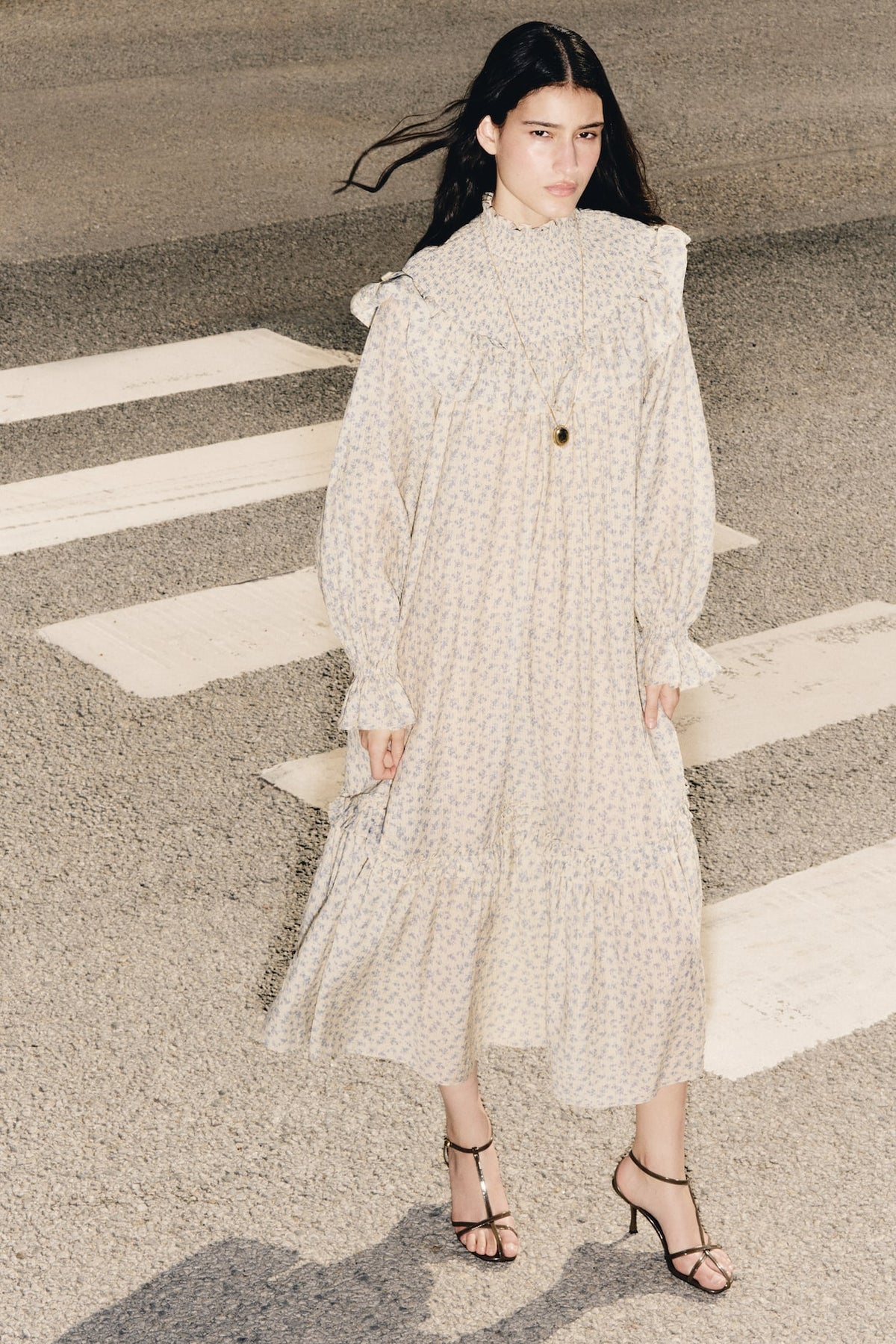Ruffle-Trimmed Textured-Weave Dress