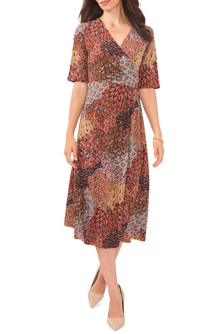 Mixed Print Faux Wrap Midi Dress