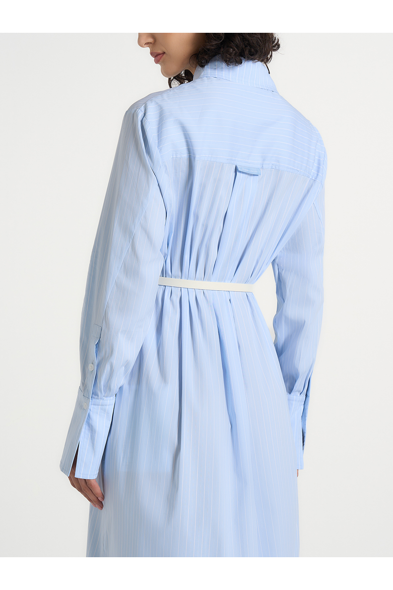 Isa Belted Pinstripe Cotton Midi Shirt Dress
