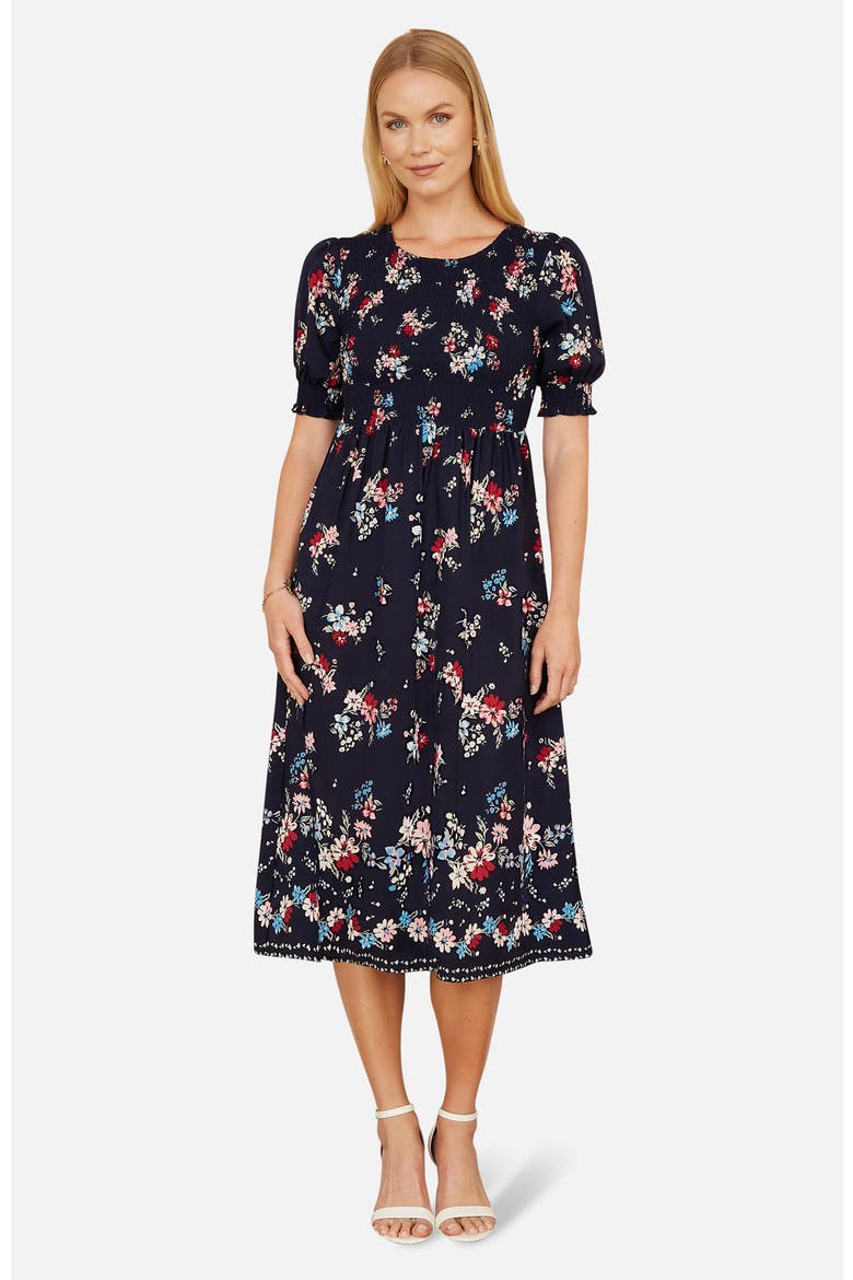 Smocked Bodice Floral Ruched Midi Dress