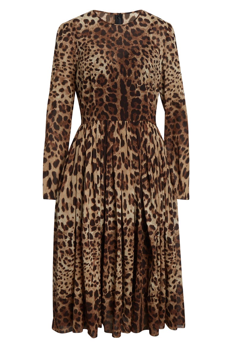 Leopard Print Long Sleeve Stretch Silk Midi Dress